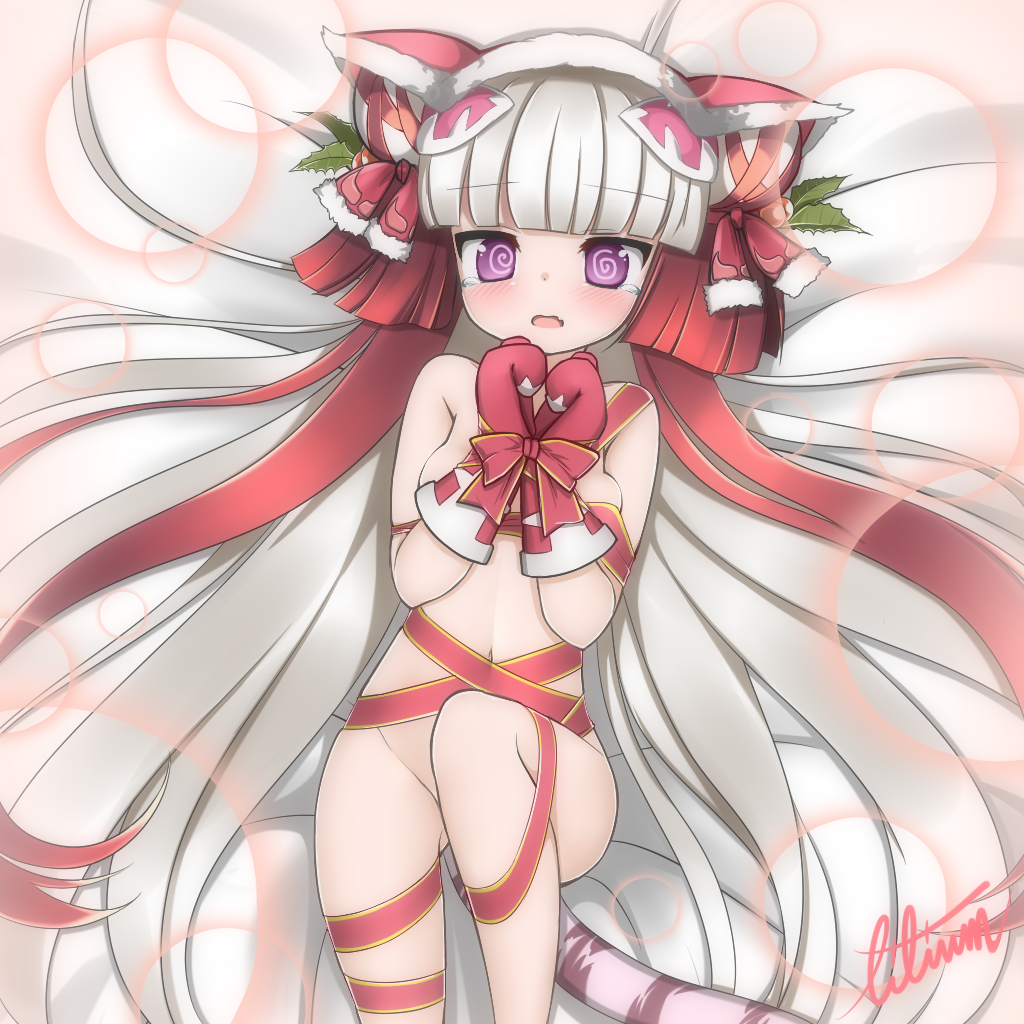 1girl, @_@, alternate_color, animal_hood, bdsm, blush, bondage, bound