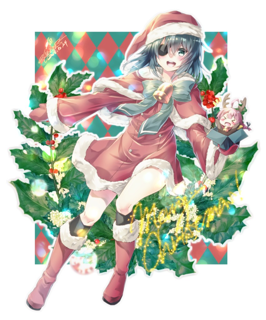 >_<, 2girls, :d, ahoge, alternate_costume, bad_id, bad_pixiv_id, bell