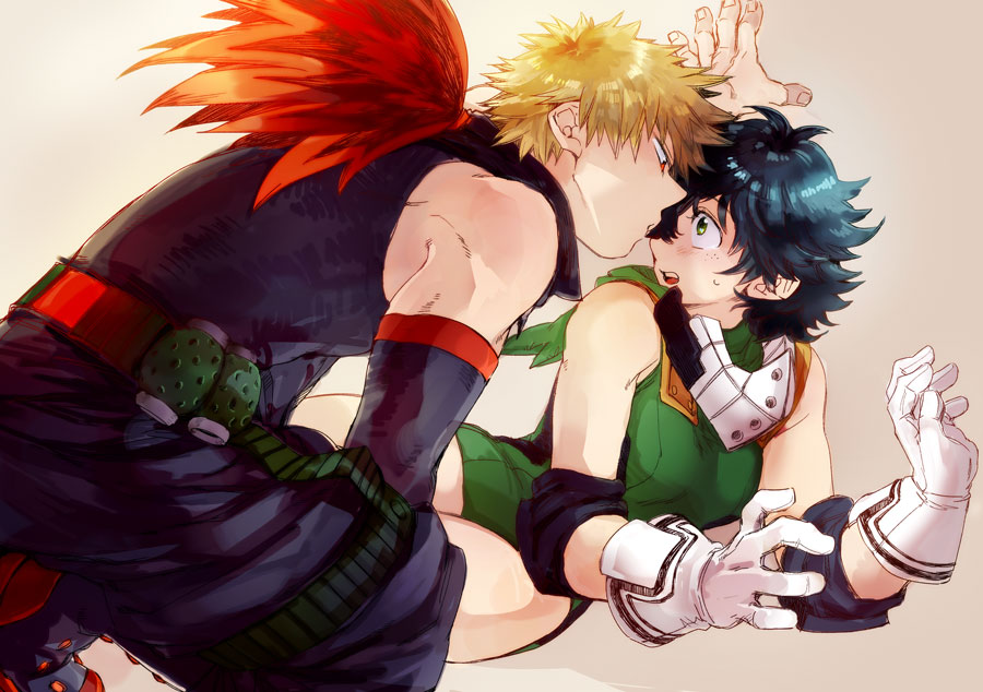 10s, 1boy, 1girl, bakugou_katsuki, bare_shoulders, black_hair, blonde_hair, blush