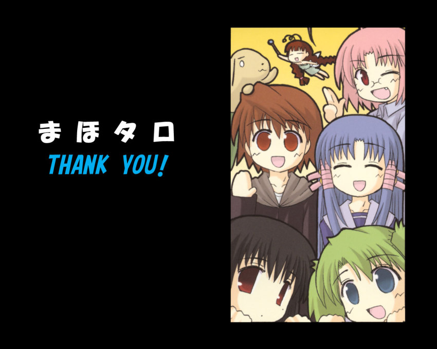 00s, 1boy, 5girls, :3, :d, aoba_kozue, black_background, black_hair