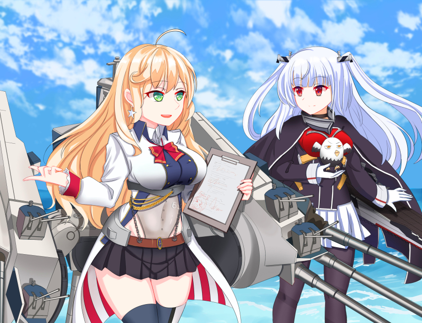 2girls, ahoge, bad_id, bad_pixiv_id, bell_mccamp_(warship_girls_r), blonde_hair, blue_sky, breasts