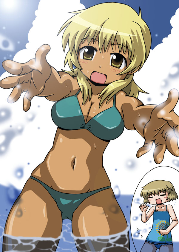 00s, 2girls, :d, bikini, bikini_tan, blonde_hair, blue_one-piece_swimsuit, blush