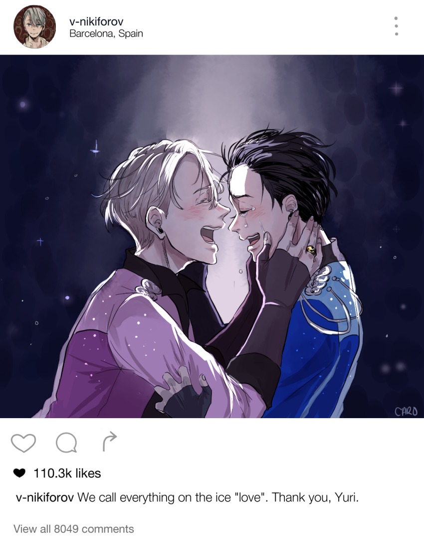 10s, 2boys, azebra-was-here, black_hair, blush, english_text, closed_eyes, fake_screenshot, hands_on_another's_face, highres, instagram, jewelry, katsuki_yuuri, male_focus, multiple_boys, open_mouth, ring, silver_hair, smile, tears, viktor_nikiforov, yuri!!!_on_ice