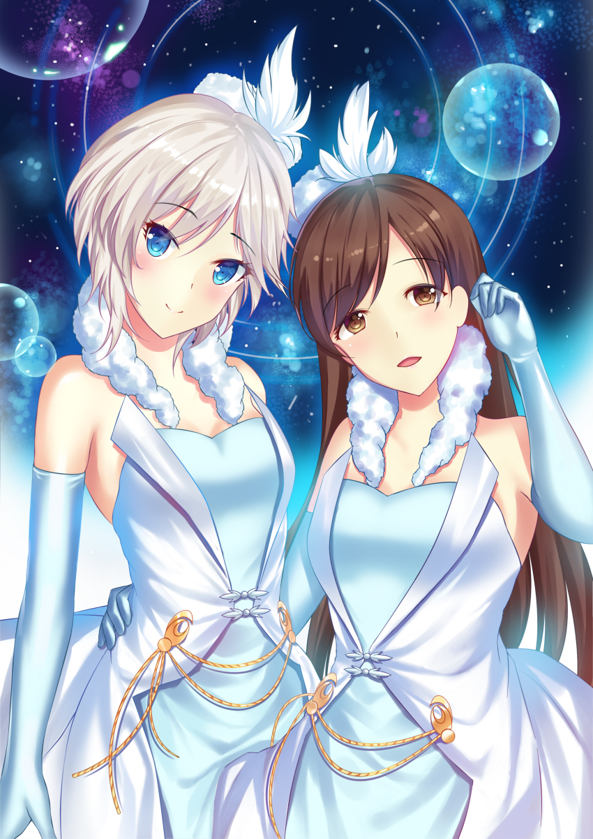 10s, 2girls, absurdres, anastasia_(idolmaster), bare_shoulders, blue_eyes, breasts, brown_eyes