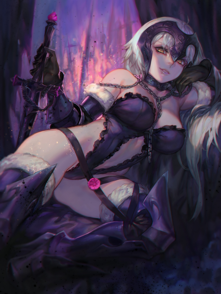 1girl, aoin, avenger_class_(fate), bare_shoulders, black_gloves, blonde_hair, breasts, brown_eyes, chain, elbow_gloves, fate/grand_order, fate_(series), female_focus, gloves, highleg, highleg_leotard, highres, jeanne_d'arc_(fate), jeanne_d'arc_alter_(avenger)_(fate), jeanne_d'arc_alter_(avenger)_(third_ascension)_(fate), jeanne_d'arc_alter_(fate), large_breasts, legs, leotard, lips, long_hair, looking_at_viewer, lying, naughty_face, on_side, parted_lips, solo, sword, thighs, weapon