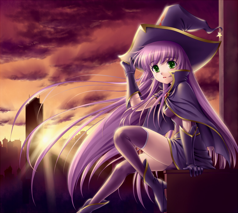 amane_(funfun), cape, funfun, gloves, green_eyes, hat, long_hair, original