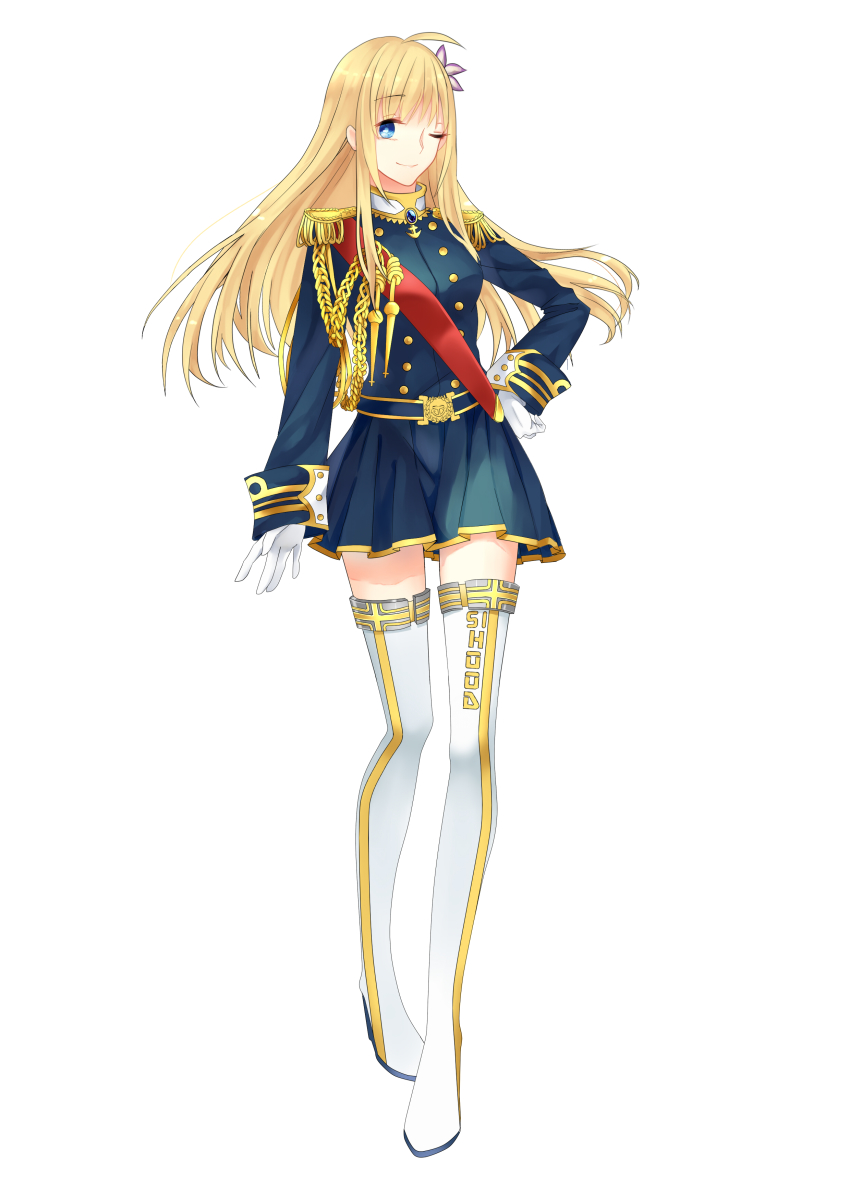 1girl, absurdres, ahoge, aiguillette, alternate_costume, blonde_hair, blue_eyes, boots