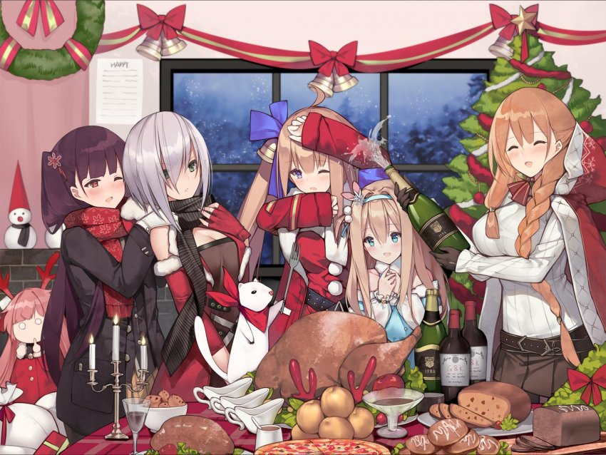 >:(, 6+girls, ;), ;o, ^_^, alcohol, alternate_costume, averting_eyes, belt, black_gloves, black_jacket, black_scarf, blonde_hair, blue_eyes, blue_ribbon, blush, bottle, bow, braid, bread, breasts, brick, brown_hair, bullpup, candle, candlelight, candlestand, cape, champagne, champagne_bottle, chibi, christmas, christmas_ornaments, christmas_tree, christmas_wreath, cleavage, cleavage_cutout, closed_eyes, clothing_cutout, coat, cookie, covering_face, cup, detached_sleeves, dress, fal_(girls'_frontline), fal_(winter_supply)_(girls'_frontline), feast, fingerless_gloves, food, fork, frown, fur-trimmed_cape, fur-trimmed_coat, fur-trimmed_sleeves, fur_trim, girls'_frontline, gloves, green_eyes, grey_hair, gun, hair_between_eyes, hair_bow, hair_ornament, hair_over_one_eye, hair_ribbon, hand_on_own_chest, hands_on_another's_shoulders, hands_on_own_head, holding, holding_bottle, indoors, jacket, large_breasts, long_hair, long_sleeves, looking_at_another, looking_away, looking_down, medium_breasts, mg5_(crimson_guardian)_(girls'_frontline), mg5_(girls'_frontline), multiple_girls, ntw-20_(girls'_frontline), ntw-20_(xmas_reindeer)_(girls'_frontline), o_o, official_alternate_costume, official_art, one_eye_closed, open_mouth, pantyhose, parted_lips, personification, pink_hair, pizza, purple_hair, red_scarf, ribbon, rifle, santa_costume, scarf, scarf_over_mouth, short_hair, side_ponytail, single_braid, skirt, smile, sniper_rifle, snowing, snowman, springfield_(girls'_frontline), springfield_(o_holy_night)_(girls'_frontline), suisai., suomi_(girls'_frontline), suomi_(korvatunturi_pixie)_(girls'_frontline), sweater, table, toy, turkey_(food), v-shaped_eyebrows, very_long_hair, wa2000_(date_in_the_snow)_(girls'_frontline), wa2000_(girls'_frontline), walther, walther_wa_2000, weapon, window, wreath
