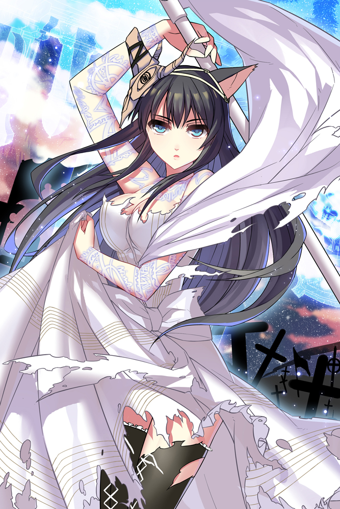 1girl, animal_ears, black_hair, black_thighhighs, bloodline, blue_skirt, bow, breasts, cleavage, cross, dress, female_focus, flag, holding_own_dress, holding_own_skirt, iotower, long_hair, looking_at_viewer, mask, mysterious_zan, mystertious_zan, planted, skirt, sky, solo, standing, star_(sky), starry_sky, striped_clothes, striped_dress, thighhighs, torn_clothes, torn_dress, vertical-striped_clothes, vertical-striped_dress, weapon, white_bow, white_dress, wolf_ears