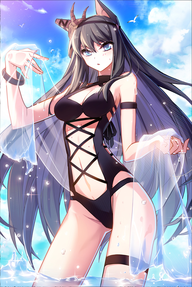 1girl, bikini, bloodline, blue_sky, breasts, brown_hair, cleavage, clothing_cutout