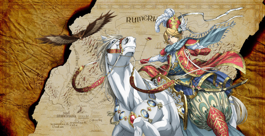 1boy, arabian_clothes, bird, blonde_hair, blue_eyes, highres, horse, horseback_riding