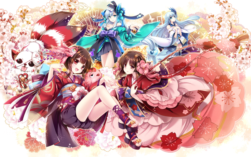 4girls, :d, aoandon, bare_shoulders, bell, blush, detached_sleeves, floral_background