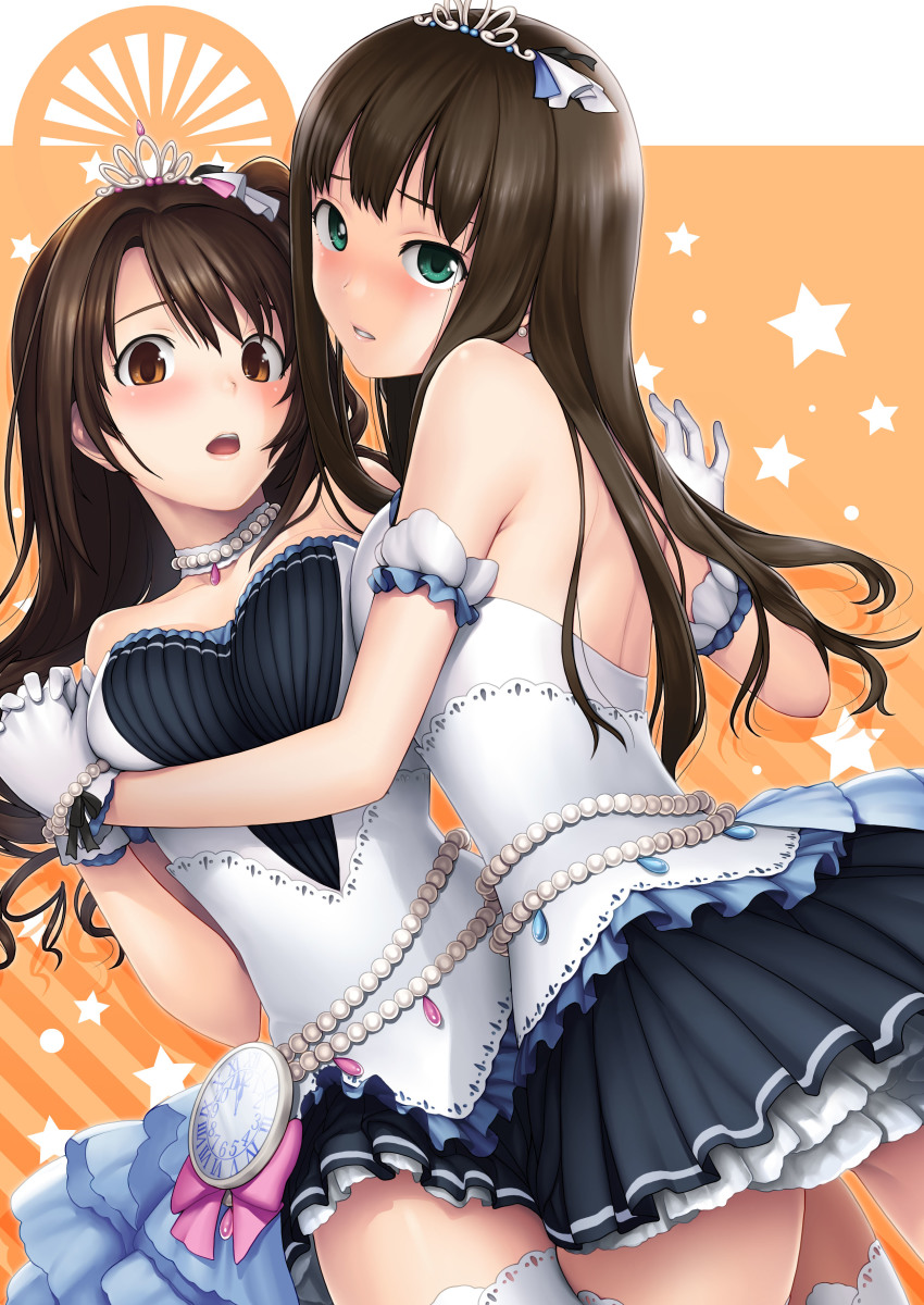 10s, 2girls, absurdres, bare_shoulders, blush, breast_press, breasts, brown_eyes