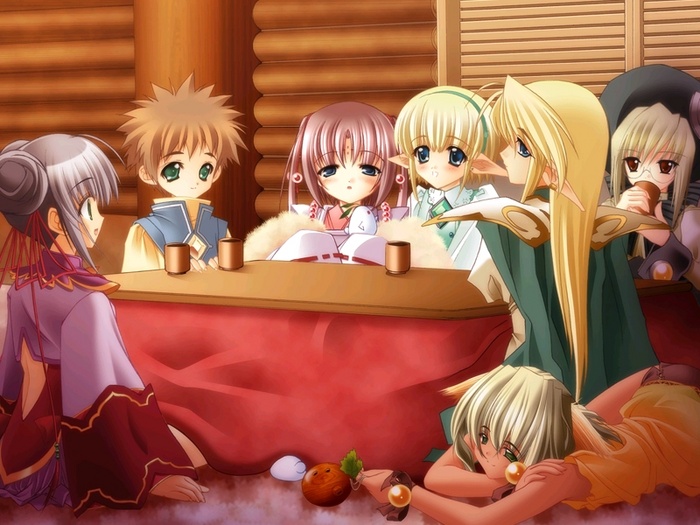 1boy, 6+girls, animal_ears, annette_vaslois, black_hair, blonde_hair, blush, brown_hair