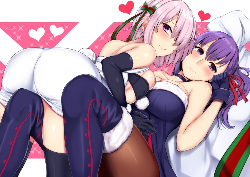 2girls, artoria_pendragon_(fate), ass, back, bare_shoulders, between_legs, black_legwear, blue_dress, blue_footwear, blue_gloves, blush, boots, bow, breast_press, breasts, brown_legwear, choker, christmas, closed_mouth, collarbone, cosplay, dress, elbow_gloves, eyelashes, fate/grand_order, fate/stay_night, fate_(series), female_focus, frottage, fur-trimmed_boots, fur_trim, girl_on_top, gloves, hair_bow, hair_over_one_eye, hair_ribbon, head_tilt, heart, highres, jeanne_d'arc_(fate), jeanne_d'arc_alter_(fate), jeanne_d'arc_alter_santa_lily_(fate), jeanne_d'arc_alter_santa_lily_(fate)_(cosplay), knees_up, large_breasts, leaning_back, leaning_on_person, long_hair, looking_at_viewer, mash_kyrielight, matou_sakura, multiple_girls, one_eye_covered, oogatazin, pantyhose, pom_pom_(clothes), purple_eyes, purple_hair, red_ribbon, ribbon, saber_(fate), saber_alter, sack, santa_alter, santa_alter_(cosplay), short_hair, sideboob, silver_hair, sitting, skindentation, smile, strapless, strapless_dress, symmetrical_docking, thigh_boots, thighhighs, tube_top, underboob, undersized_clothes, wrist_cuffs, yuri