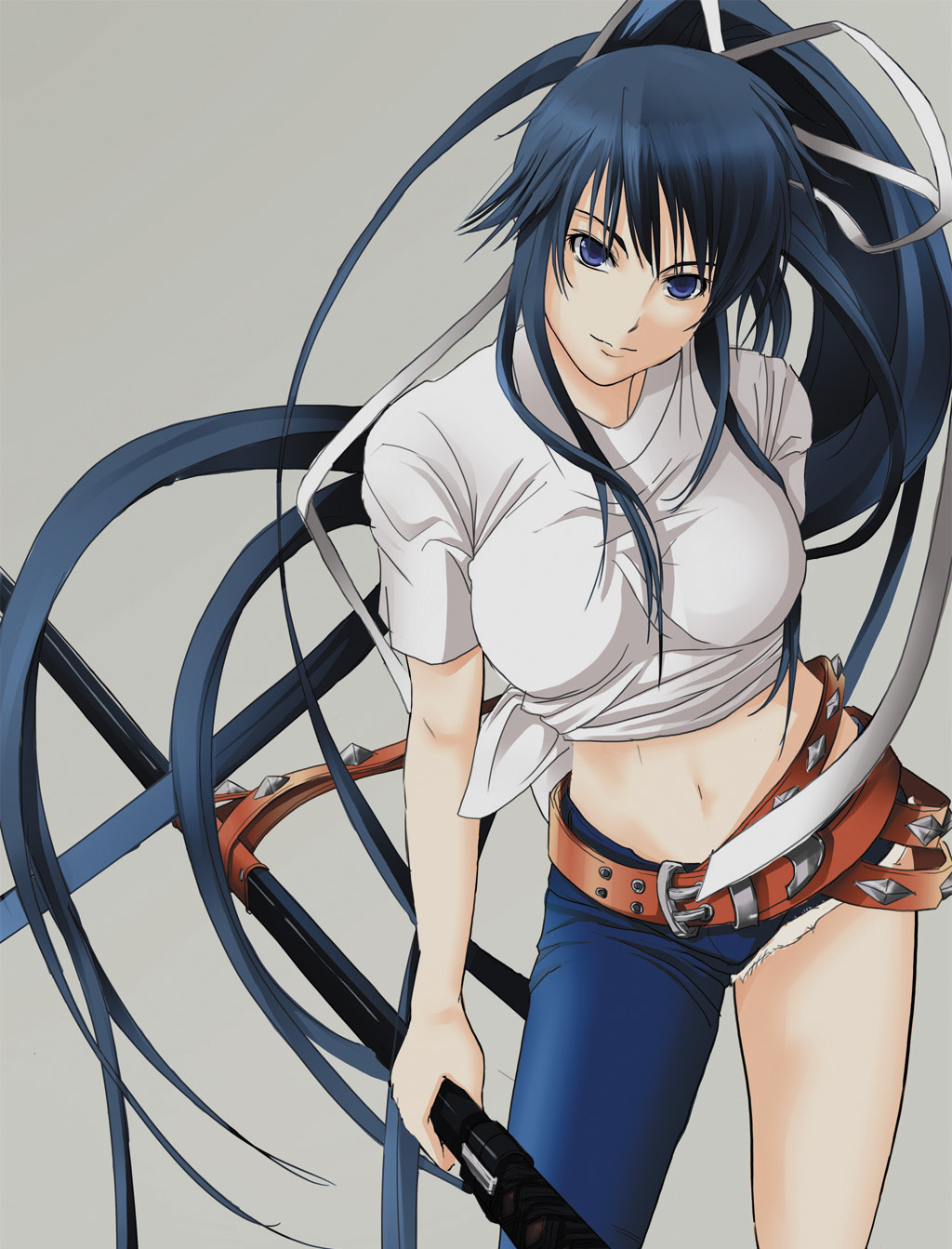 00s, 1girl, asymmetrical_clothes, bad_id, bad_pixiv_id, blue_hair, breasts, female_focus, hagetaka, hair_ribbon, highres, kanzaki_kaori, katana, long_hair, midriff, ribbon, shirt, single_pantsleg, solo, sword, t-shirt, toaru_majutsu_no_index, weapon