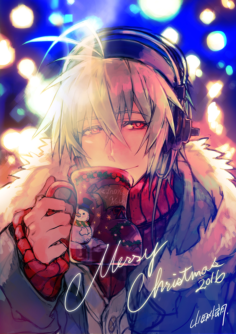1boy, 2016, christmas, christmas_stocking, close-up, coat, cup, drinking