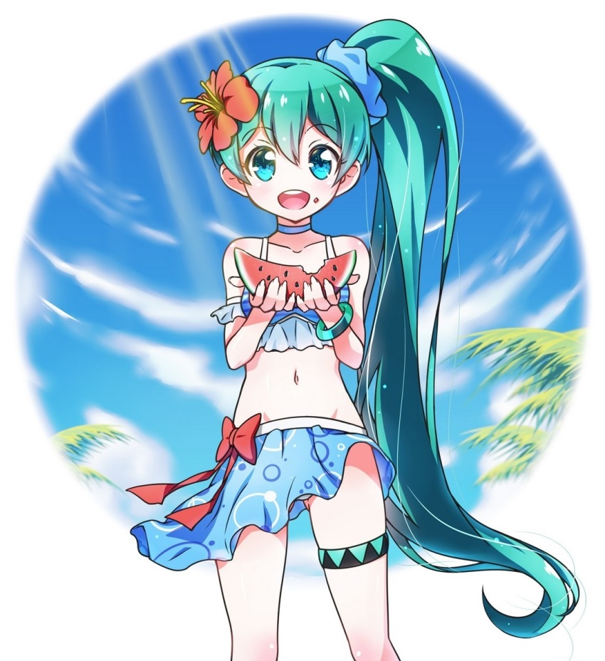 1girl, alternate_hairstyle, aqua_eyes, aqua_hair, bikini, bikini_skirt, bracelet, choker