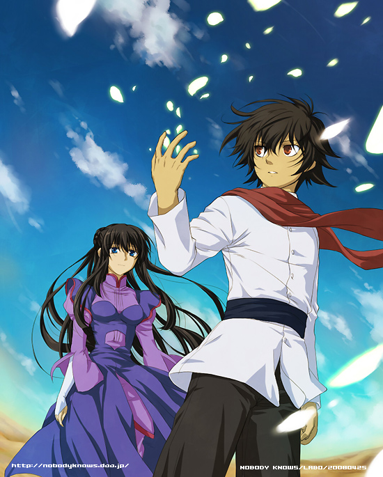 00s, 1boy, 1girl, artist_name, belt, black_hair, blue_eyes, blue_sky, breasts, bridal_gauntlets, cloud, couple, dated, day, desert, double_bun, dress, gundam, gundam_00, labo, labo_(nobody_knows), long_hair, long_sleeves, marina_ismail, outdoors, pants, princess, purple_dress, red_eyes, rock, scarf, setsuna_f._seiei, shatter, signature, sky, smile, standing, very_long_hair