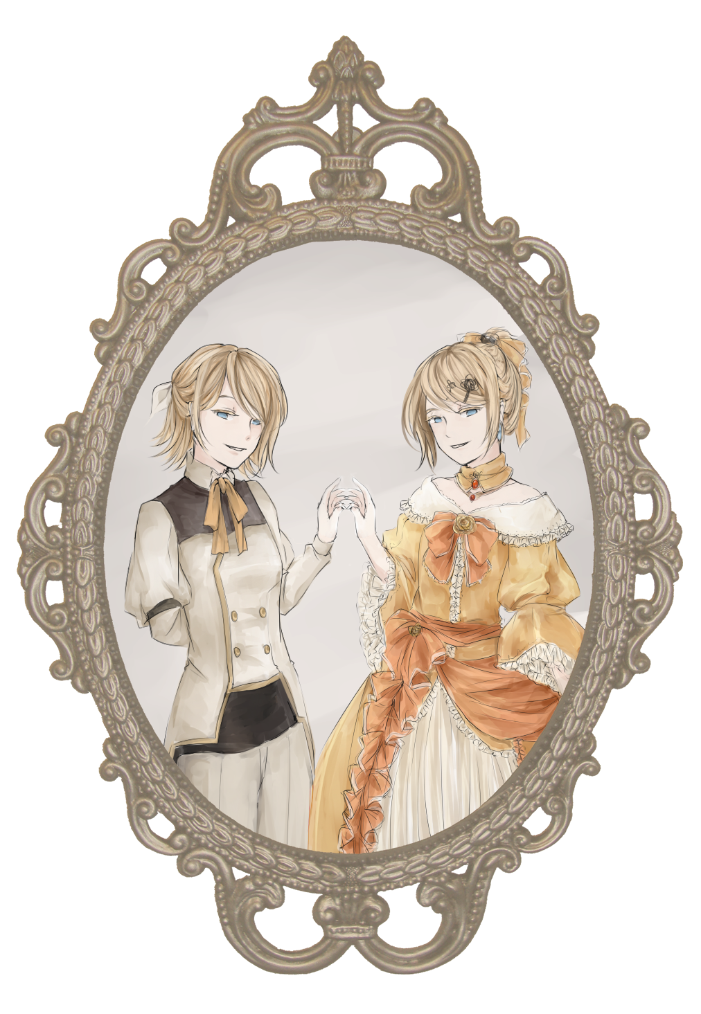 2girls, aku_no_musume_(vocaloid), blonde_hair, blue_eyes, bow, chaban_capriccio_(vocaloid), choker, cummerbund