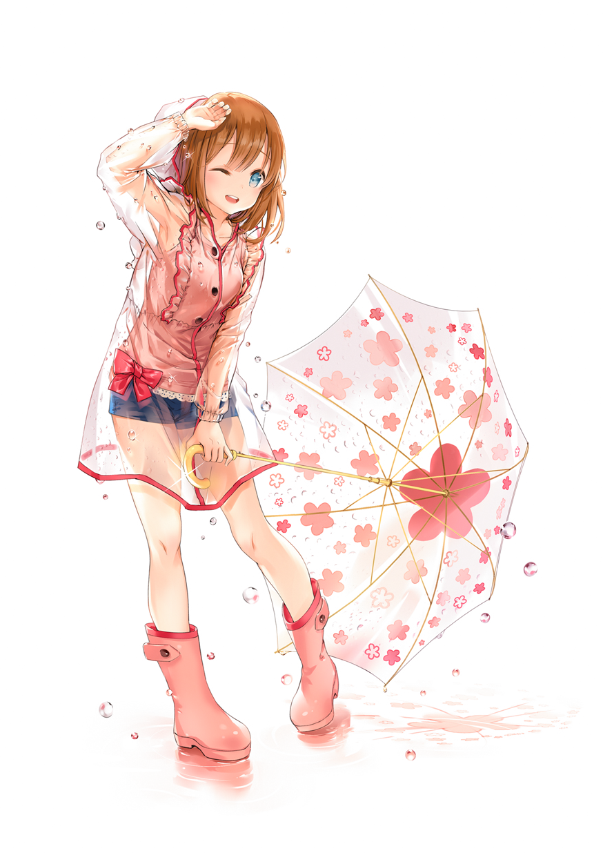 1girl, ;d, blue_eyes, blue_shorts, blush, boots, bow, brown_hair