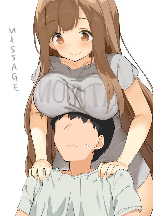 1boy, 1girl, black_hair, blush, breast_rest, breasts, breasts_on_head, brown_eyes, brown_hair, check_commentary, collarbone, commentary_request, english_text, faceless, faceless_male, grey_skirt, kaisen_chuui, large_breasts, long_hair, looking_at_another, looking_down, original, shirt, short_hair, short_sleeves, shoulder_massage, simple_background, skirt, smile, white_background, white_shirt