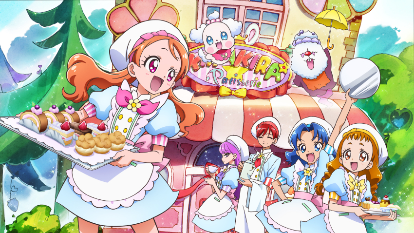 10s, 5girls, absurdres, apron, arisugawa_himari, arm_up, bow, cake, cream_puff, cup, food, hat, highres, holding, holding_cup, holding_tray, ino_marie, kenjou_akira, kirakira_precure_a_la_mode, kotozume_yukari, multiple_girls, official_art, open_mouth, pastry, patissier, pekorin, pekorin_(precure), precure, promotional_art, pudding, smile, tategami_aoi, teacup, teapot, tray, usami_ichika