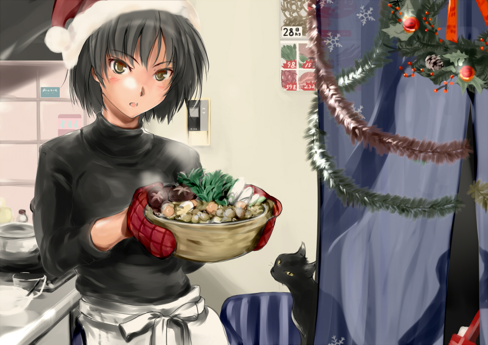1girl, amagami, black_cat, black_hair, blush, brown_eyes, cat, christmas