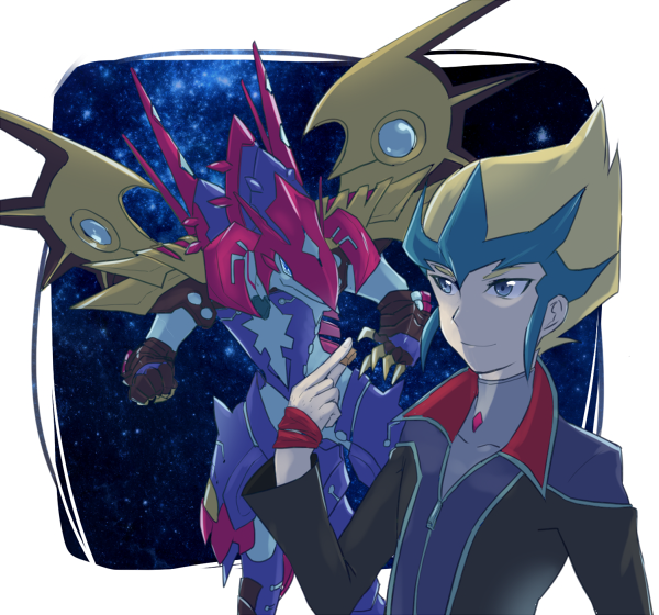 1boy, blue_hair, cipher_(artist), dragon, galaxy-eyes, male_focus, solo, tenjo_kaito