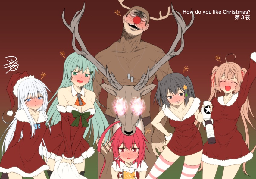 10s, 1boy, 5girls, admiral_(kancolle), ahoge, alcohol, alternate_costume, animal_costume