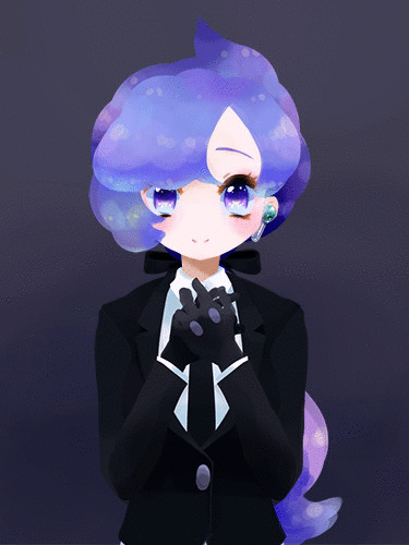 1girl, ahoge, anabel_(pokemon), animated, animated_gif, black_gloves, black_necktie, black_ribbon, black_suit, earphones, formal_clothes, gloves, hands_on_own_chest, long_hair, long_sleeves, looking_at_viewer, low_ponytail, lowres, necktie, nintendo, pant_suit, pants, pokemon, pokemon_sun_and_moon, ponytail, purple_eyes, purple_hair, ribbon, smile, suit, tochiringo, upper_body