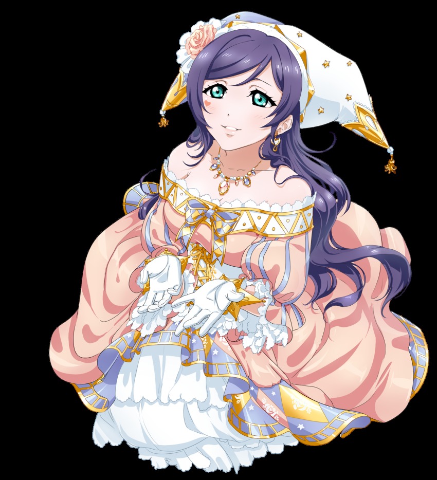 10s, 1girl, artemi, d-artemisatto, dress, earrings, female_focus, gloves, green_eyes, hat, highres, jewelry, love_live!, love_live!_school_idol_festival, love_live!_school_idol_project, necklace, pink_dress, purple_hair, solo, tojo_nozomi, transparent_background, white_gloves
