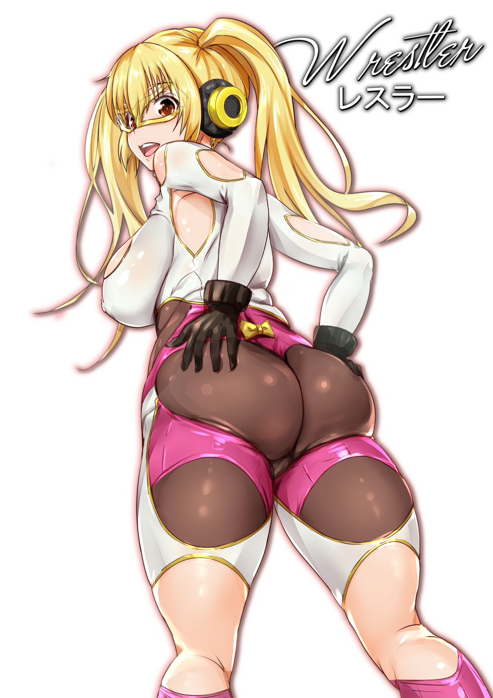 1girl, armpit_cutout, ass, black_gloves, blonde_hair, blush, breasts, clothing_cutout
