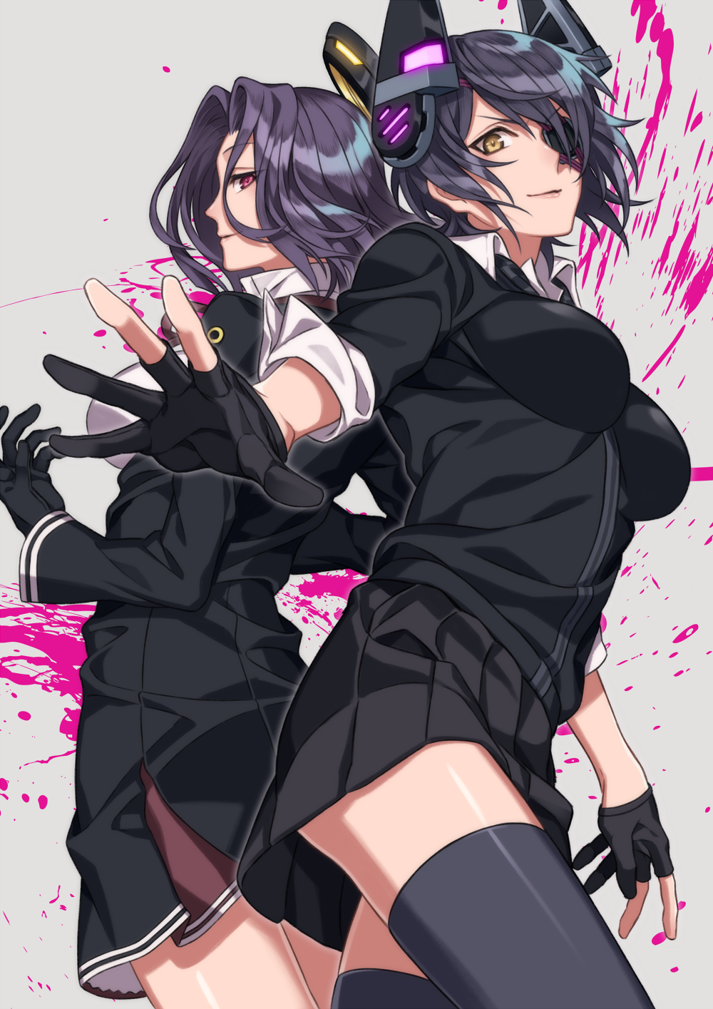10s, 2girls, arm_at_side, back-to-back, bad_id, bad_pixiv_id, between_breasts, black_dress
