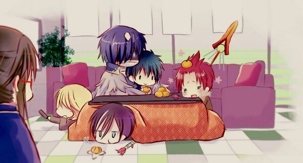 akagi_toma, aoi_itsuki, black_hair, blonde_hair, blue_eyes, blue_hair, bow, chibi