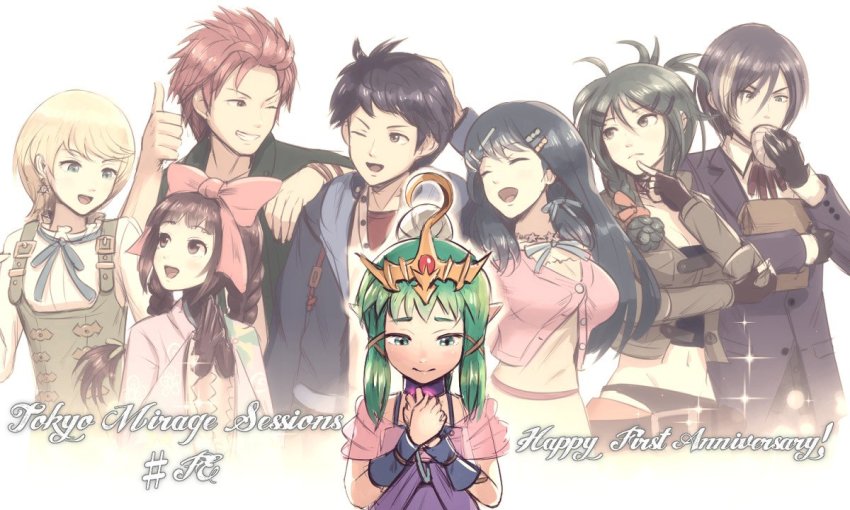 3boys, 5girls, akagi_toma, aoi_itsuki, black_hair, blonde_hair, blue_eyes, blue_hair, bow, chiki_(gir#fe), earrings, english_text, european_clothes, closed_eyes, fire_emblem, gonzarez, green_hair, hair_bow, hair_ornament, jewelry, kurono_kiria, long_hair, minamoto_mamori, multicolored_hair, multiple_boys, multiple_girls, nintendo, oribe_tsubasa, pointy_ears, short_hair, smile, tiara, tokyo_mirage_sessions_fe, tsurugi_yashiro, two-tone_hair, white_background, white_hair, yumizuru_eleanora