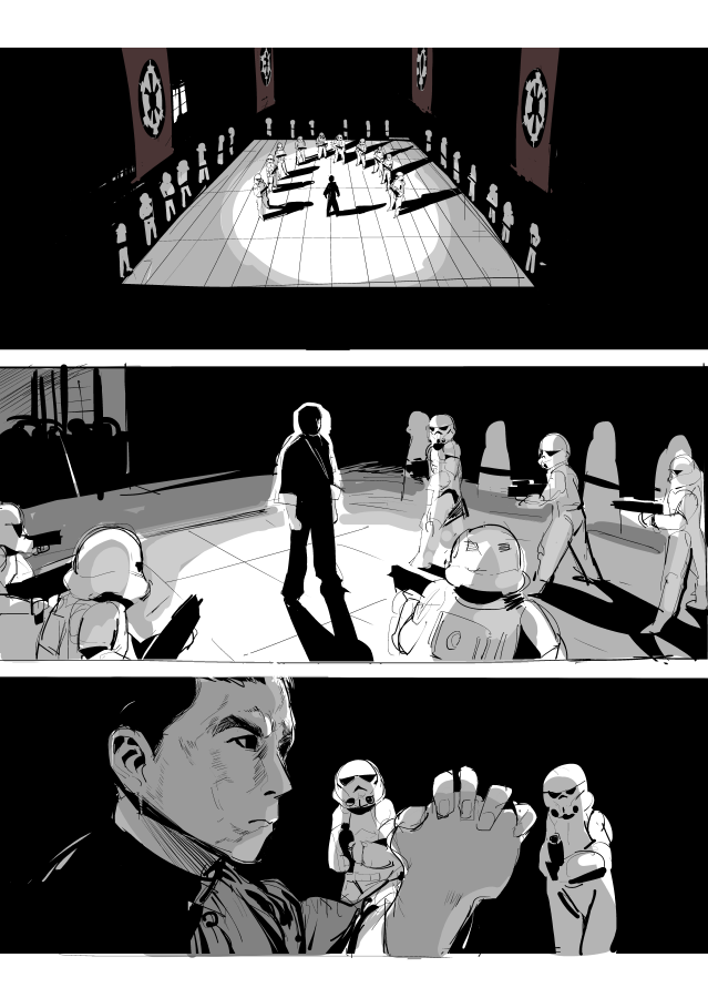 1boy, black_hair, comic, crossover, donnie_yen, greyscale, ip_man_(film), ip_man_(movie), mado_(mukade_tou), male_focus, monochrome, multiple_boys, parody, spot_color, star_wars, stormtrooper