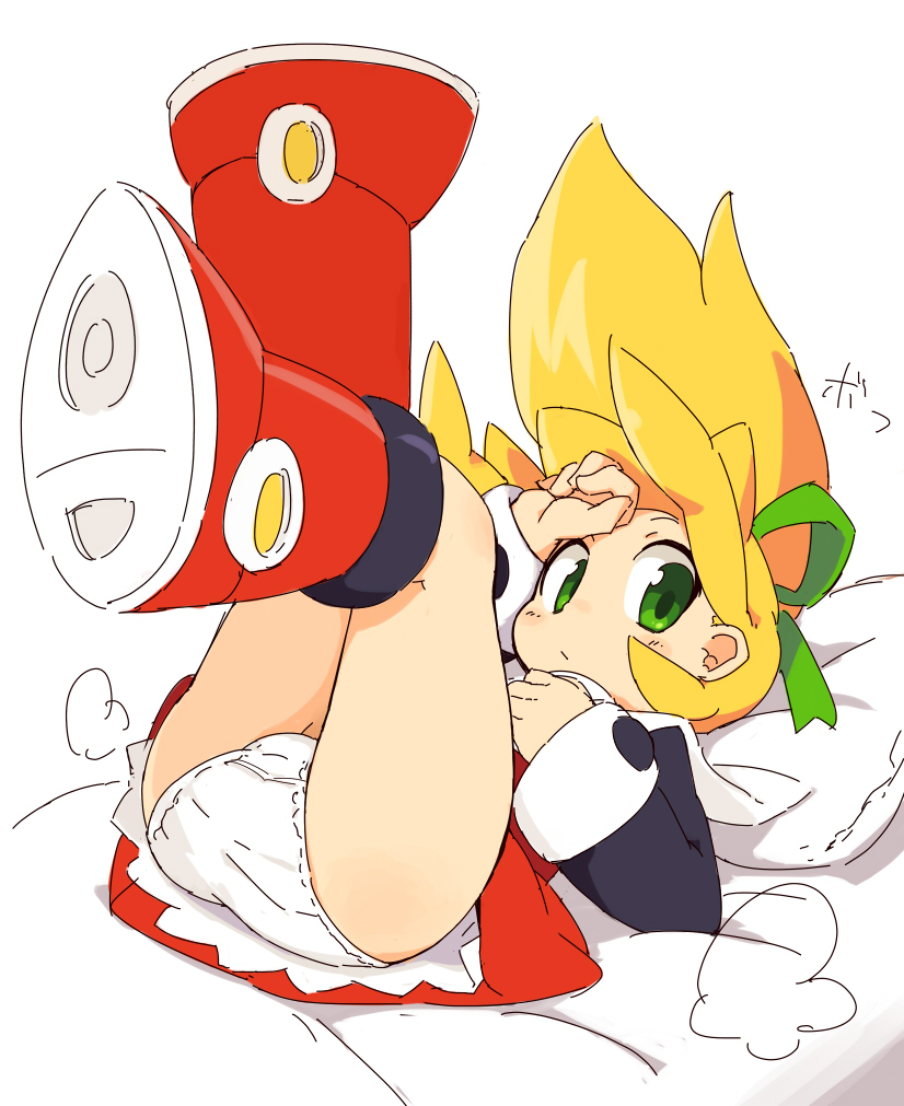1girl, ass, blonde_hair, boots, female_focus, green_eyes, hair_ribbon, lying, on_back, on_bed, panties, ponytail, ribbon, mega_man_(series), mega_man_(classic), roll_(mega_man), solo, underwear, zizi_niisan