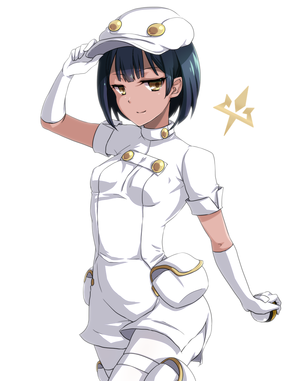 1girl, aether_foundation_employee, aether_foundation_employee_(female), black_hair, newsboy_cap, dark-skinned_female, dark_skin, female_focus, gloves, hand_on_headwear, hat, highres, holding, holding_poke_ball, holster, nintendo, npc_trainer, nuana, poke_ball, pokemon, pokemon_sun_and_moon, short_hair, simple_background, solo, thigh_holster, uniform, white_background, white_gloves, white_hat, yellow_eyes