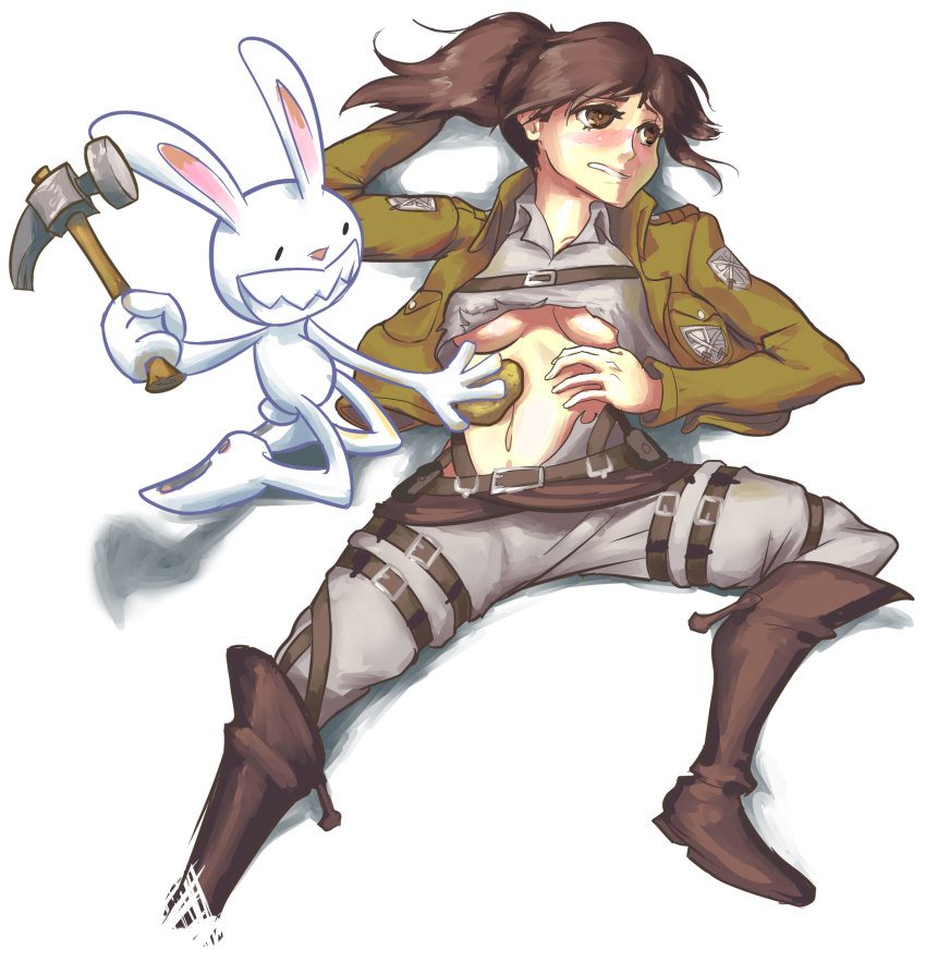 1boy, 1girl, artist_request, blush, boots, breasts, brown_boots, brown_eyes, brown_hair, clenched_teeth, collarbone, crossover, drawfag, fingernails, hammer, high_ponytail, highres, holding, holding_hammer, jacket, max_(sam_&amp;_max), ponytail, potato, potato-chan, rabbit, sam_&amp;_max, sasha_blouse, sharp_teeth, shingeki_no_kyojin, simple_background, teeth, torn_clothes, twintails, underboob, what, white_background, white_rabbit_(animal)