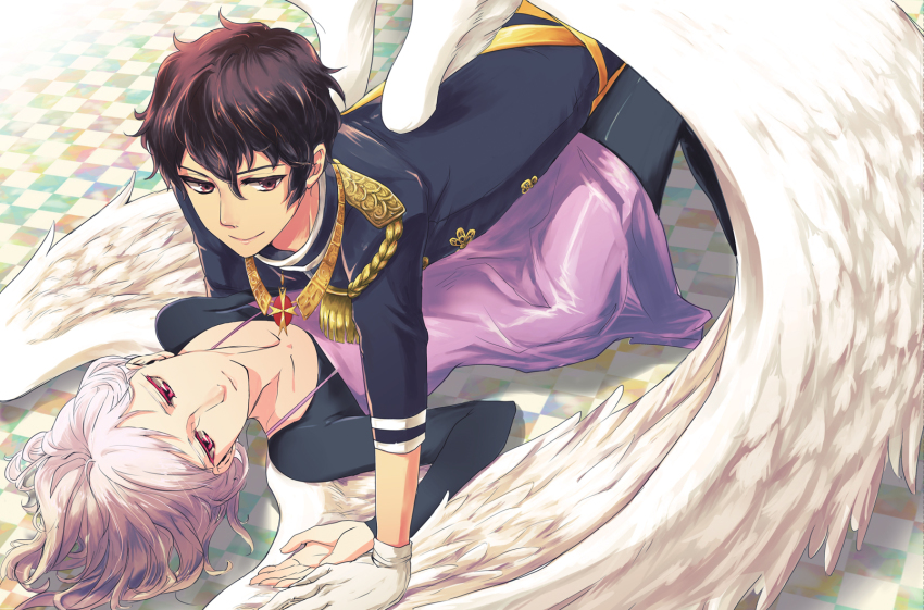 1boy, 1girl, angel_wings, black_hair, checkered_floor, closed_mouth, dress, epaulettes