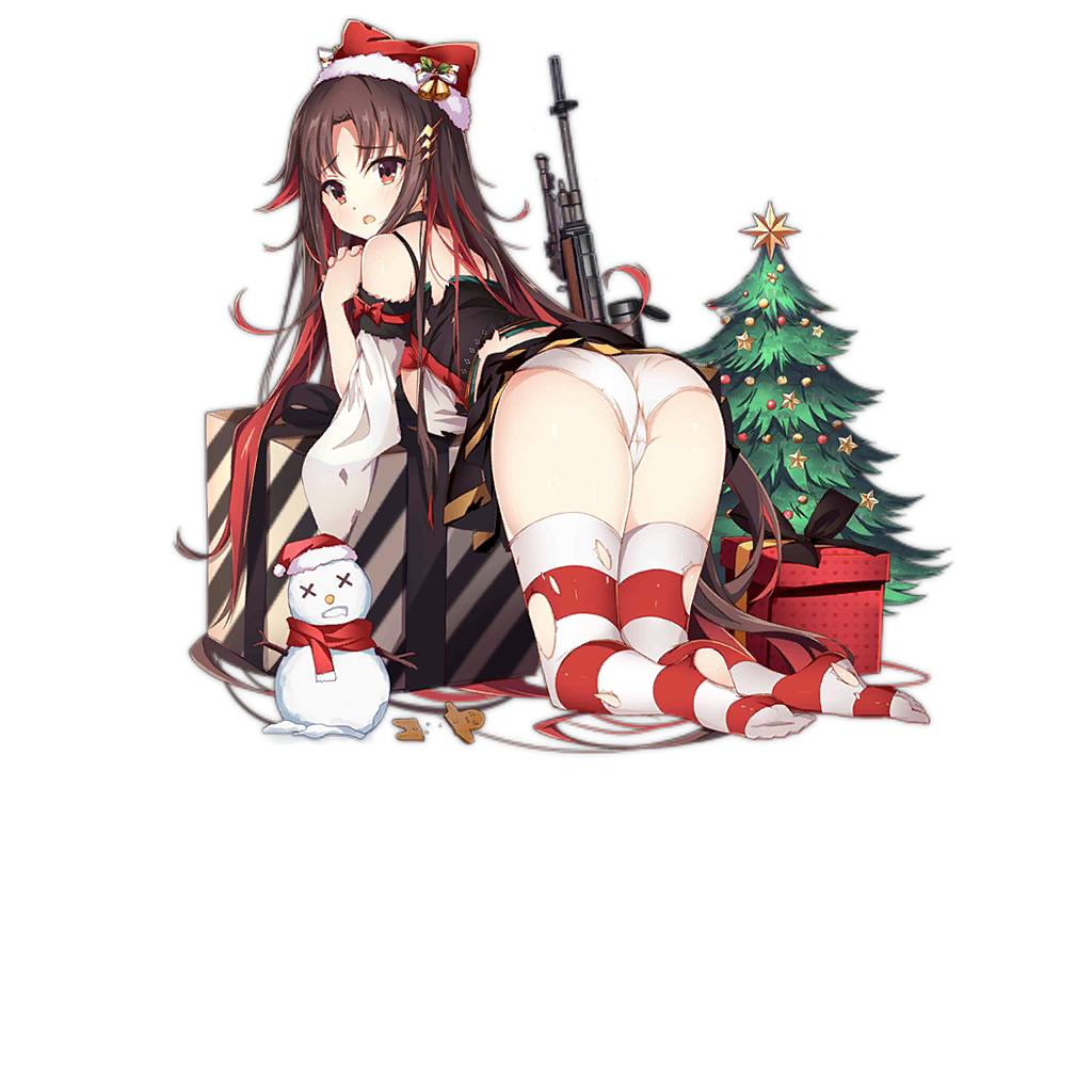 1girl, ass, blush, brown_hair, christmas, christmas_tree, detached_sleeves, female_focus