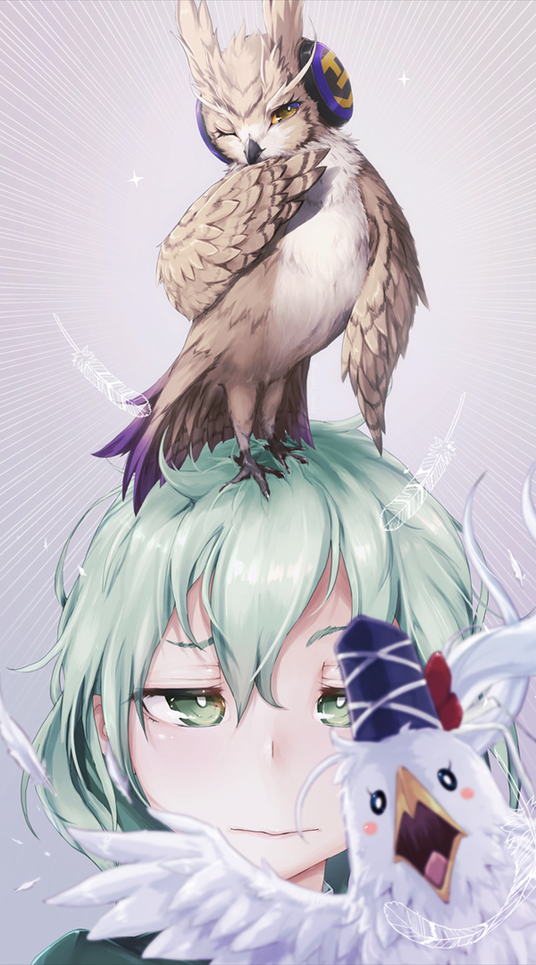 0_0, 1girl, animal, animal_on_head, animalization, bird, bird_on_head, blurry, blurry_background, blush_stickers, brown_eyes, chicken, closed_mouth, clothed_animal, commentary_request, earmuffs, emphasis_lines, eyelashes, feathers, gradient_background, green_eyes, green_hair, grey_background, hair_between_eyes, half-closed_eyes, hat, looking_at_viewer, messy_hair, mononobe_no_futo, mononobe_no_futo_(chicken), missing_headwear, oinari_sanda, on_head, one_eye_closed, owl, portrait, profile, soga_no_tojiko, sparkle, tate_eboshi, touhou, toyosatomimi_no_miko, toyosatomimi_no_miko_(owl)