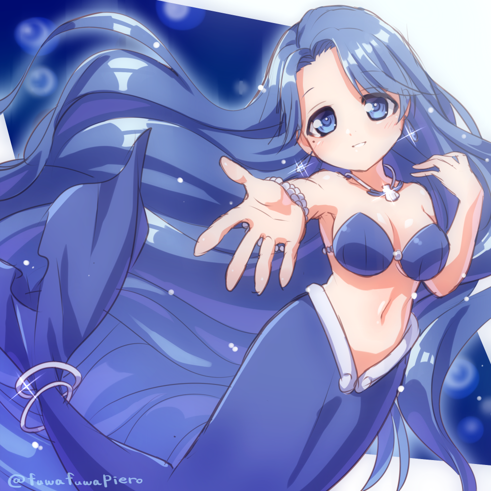 1girl, bad_id, bad_pixiv_id, blue_eyes, blue_hair, bracelet, breasts, cleavage