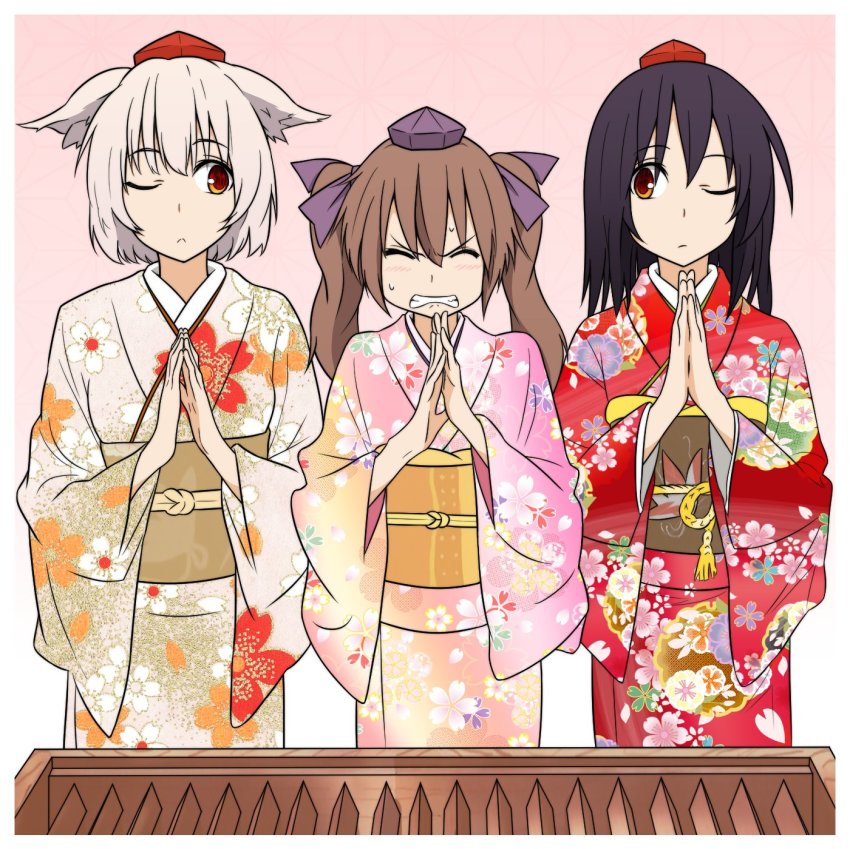 3girls, animal_ears, ayano_(ayn398), bad_id, bad_twitter_id, black_hair, box, brown_hair