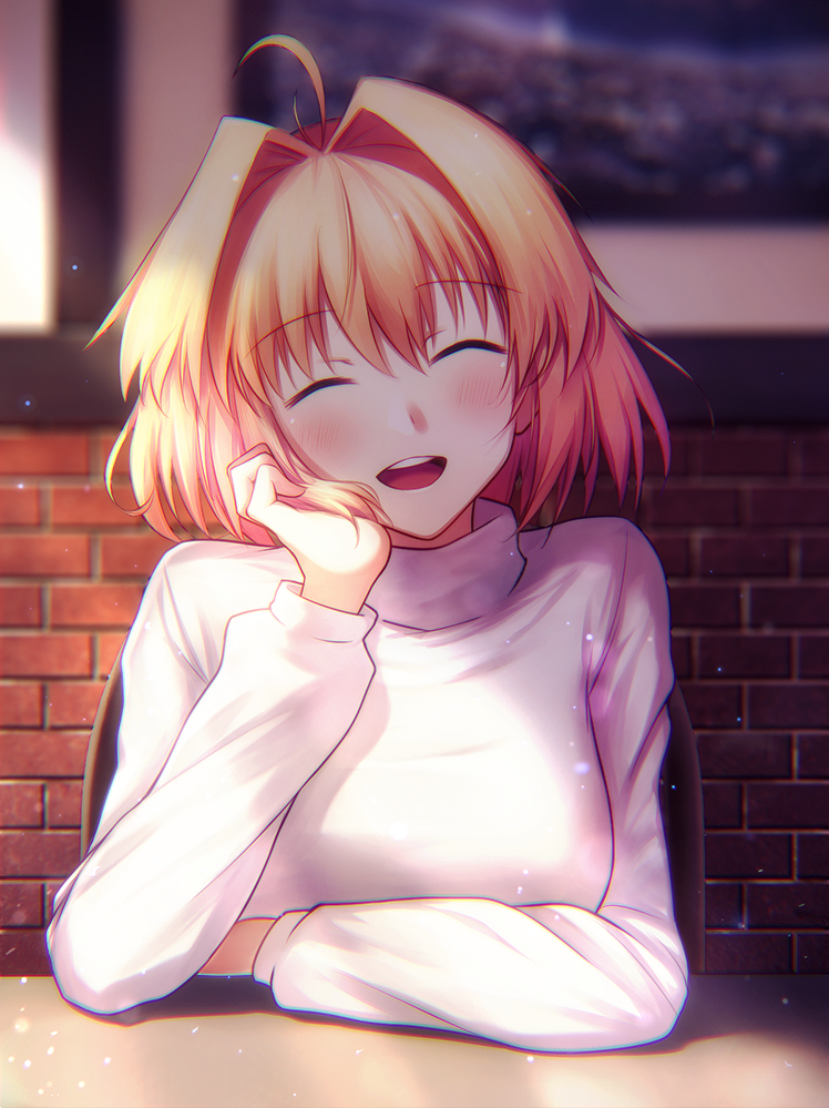 1girl, :d, ^_^, antenna_hair, arcueid_brunestud, blurry, blush, brick_wall