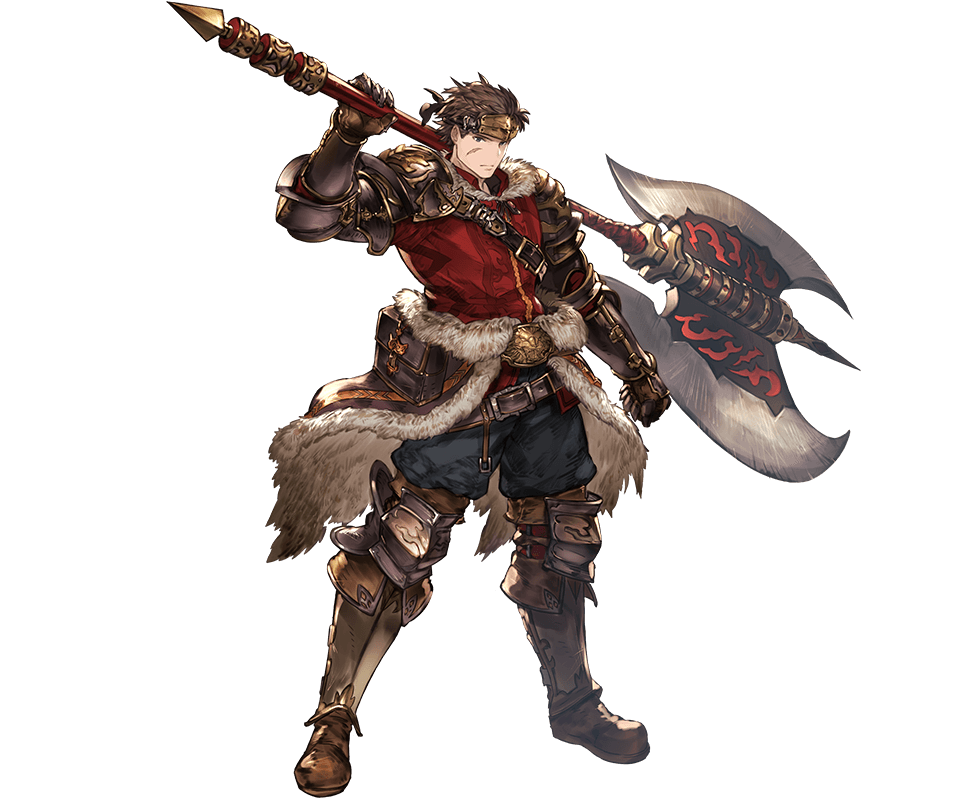 10s, 1boy, axe, belt, blue_eyes, boots, brown_hair, full_body, fur_trim, gloves, granblue_fantasy, headband, male_focus, minaba_hideo, official_art, ryan_(granblue_fantasy), scar, solo, transparent_background, weapon