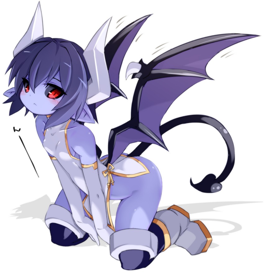 1girl, :<, bare_shoulders, between_legs, black_sclera, blue_skin, blush, boots, bottomless, breasts, china_dress, chinese_clothes, colored_sclera, colored_skin, commentary_request, demon_girl, demon_horns, demon_tail, demon_wings, dress, female_focus, gold_trim, hand_between_legs, highres, horns, karukan_(monjya), knee_boots, kneeling, long_hair, looking_at_viewer, no_panties, pointy_ears, red_eyes, seizaverus, shinrabanshou, small_breasts, solo, tail, wings
