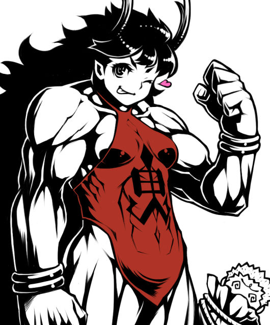 1boy, 1girl, 1zu3, breasts, horns, long_hair, monochrome, monster_girl, muscular, oboro_muramasa, oni, rajaki_(oboro_muramasa), seikichi_(oboro_muramasa), simple_background, spot_color, white_background, wink