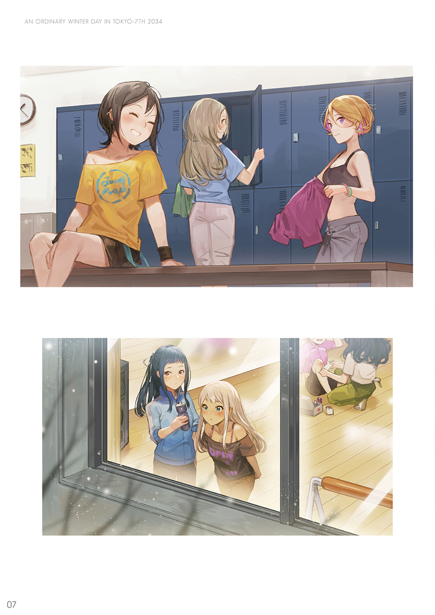 2034, 6+girls, ^_^, alessandra_susu, analog_clock, bandages, bench, black_bra